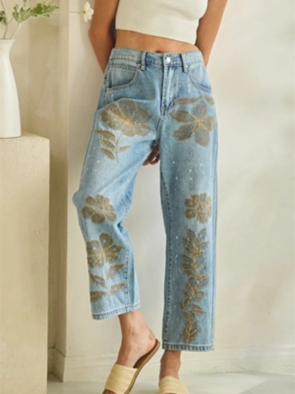OLI&HALI EMBROIDERED GOLD AND TAUPE ARTISAN DENIM